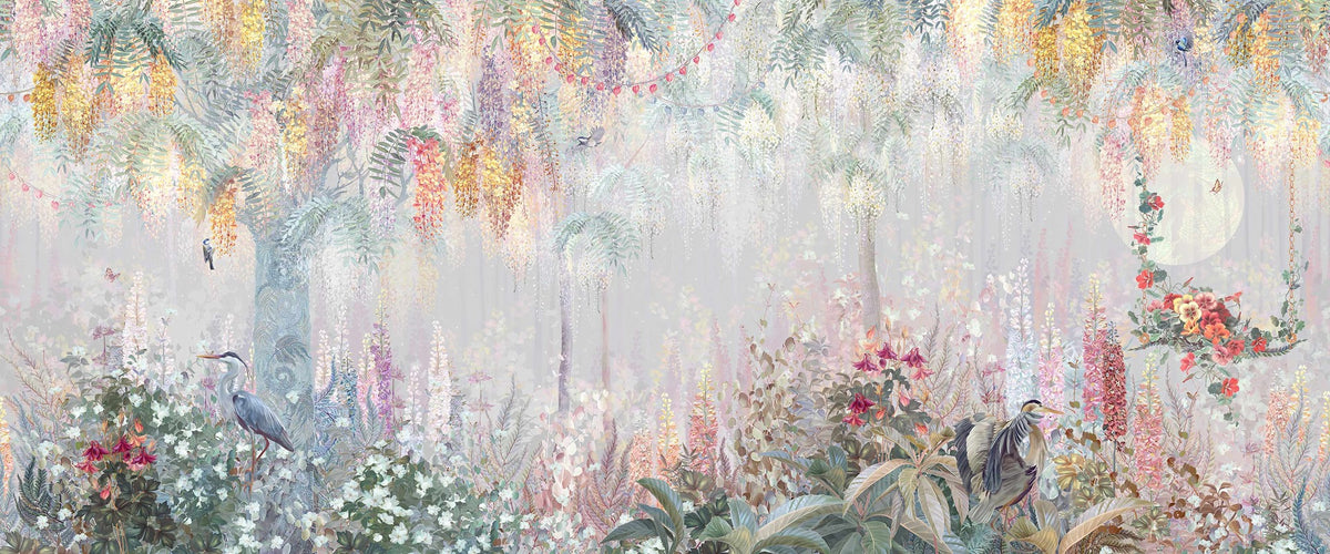 Feathered Euphoria Blushing Jungle Backdrop Mural in your room