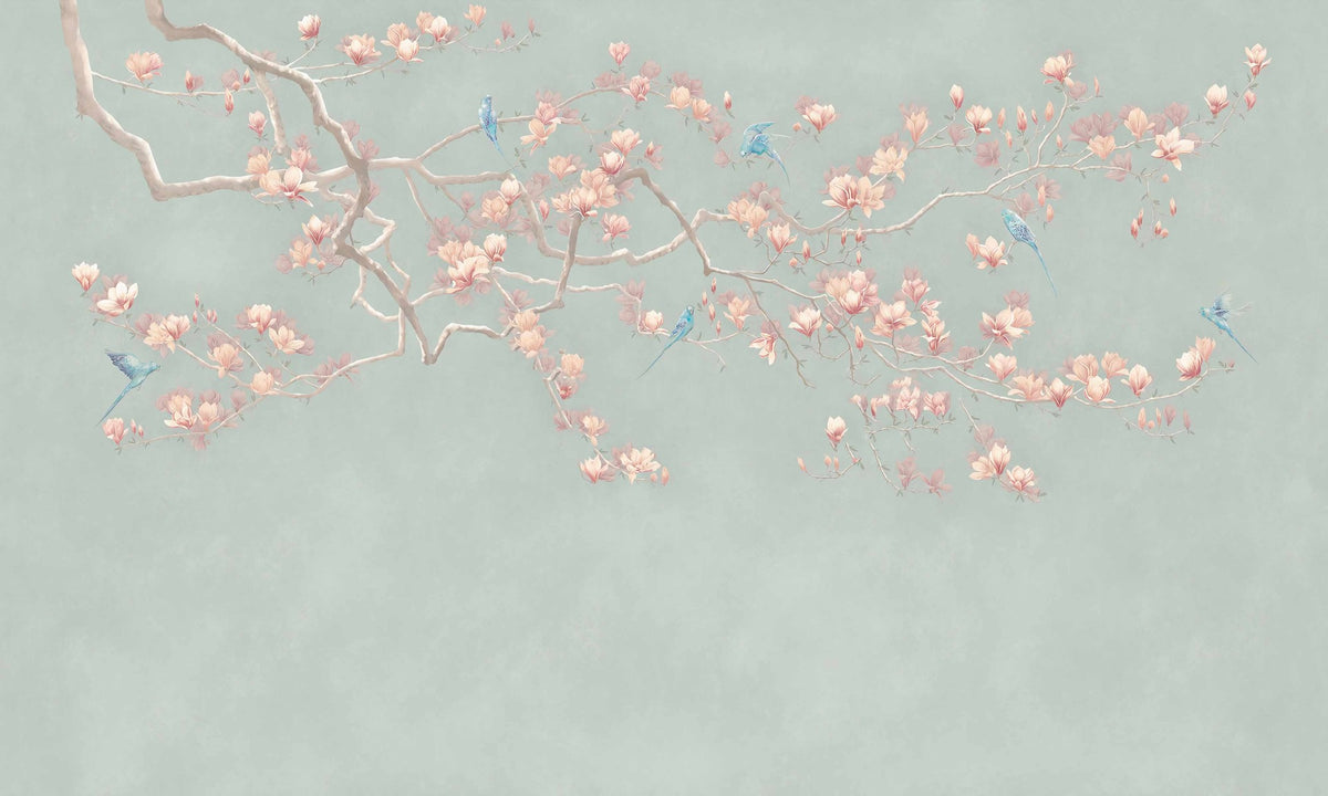 Emerald Echoes Chinoiserie Bird Wall Mural in your room — zoomed