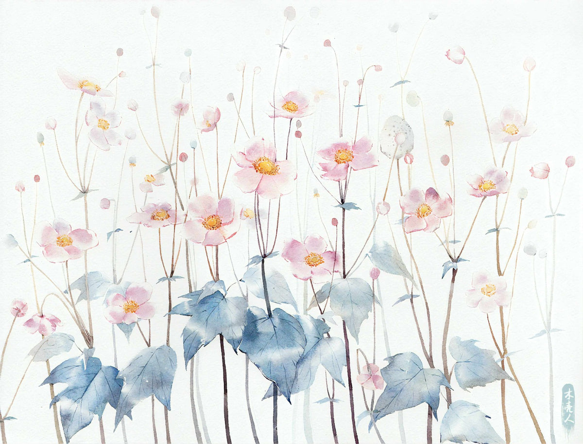 Watercolor blue leaves Pink Petals Wall Mural in your room — zoomed