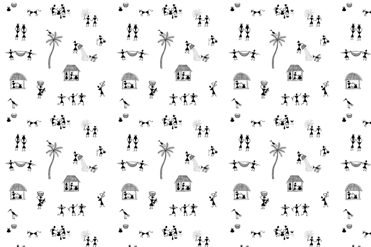 Warli Wonders Collection Mural Wallpaper in your room — zoomed