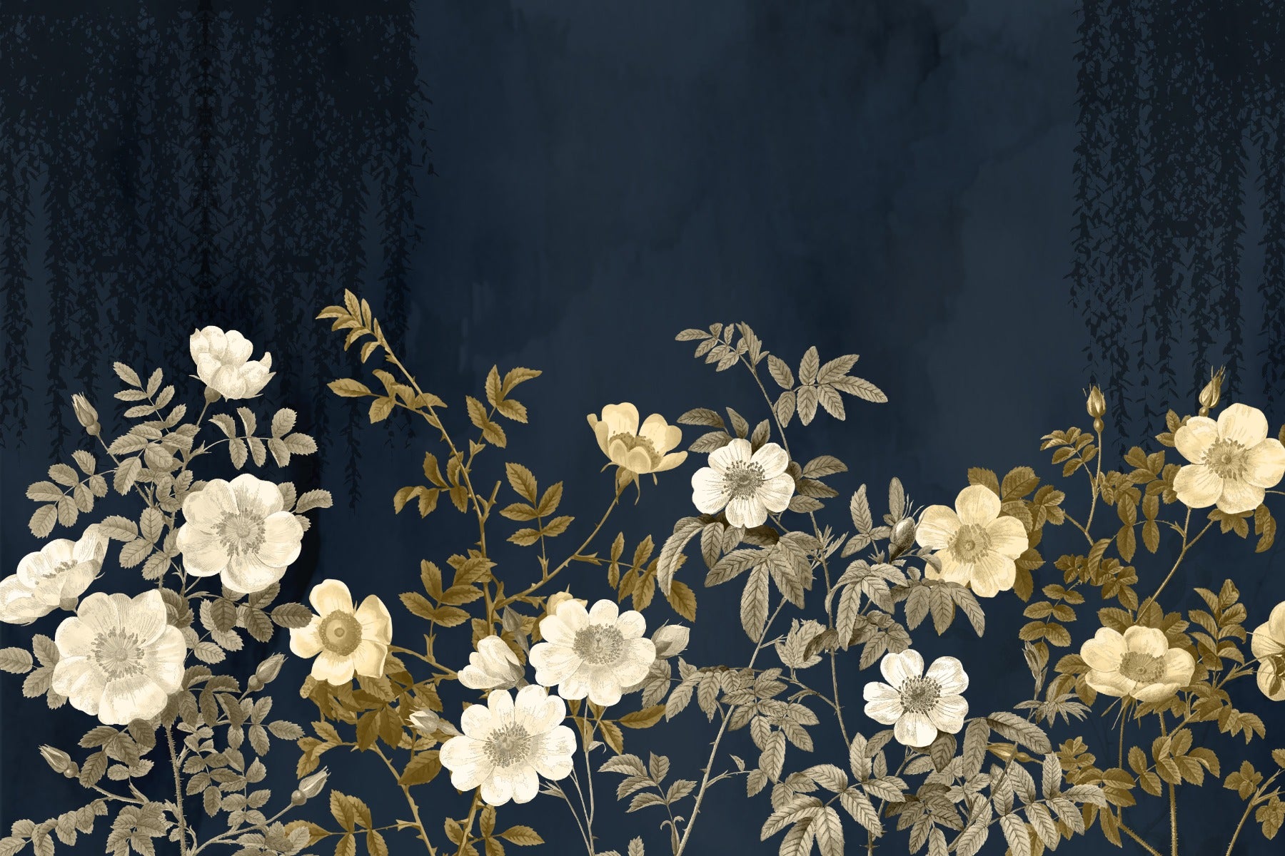 Midnight Gold Flora Wallpaper Mural in your room — zoomed