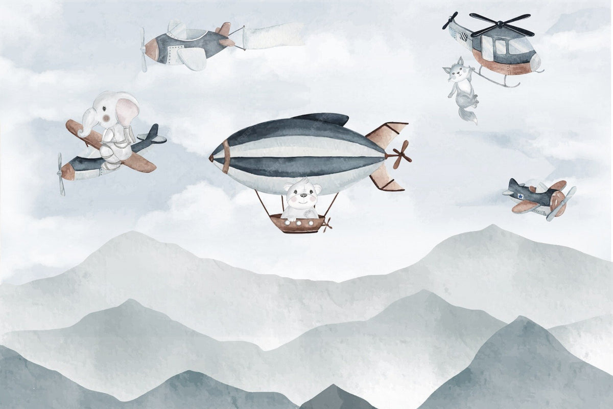 Whimsical Airborne Adventure Mural in your room — zoomed