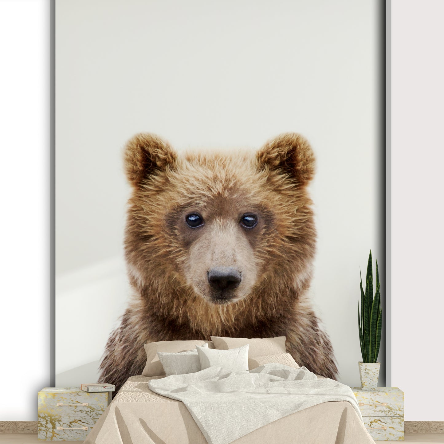 Whimsical baby bear wallpaper in soft, cozy colors

