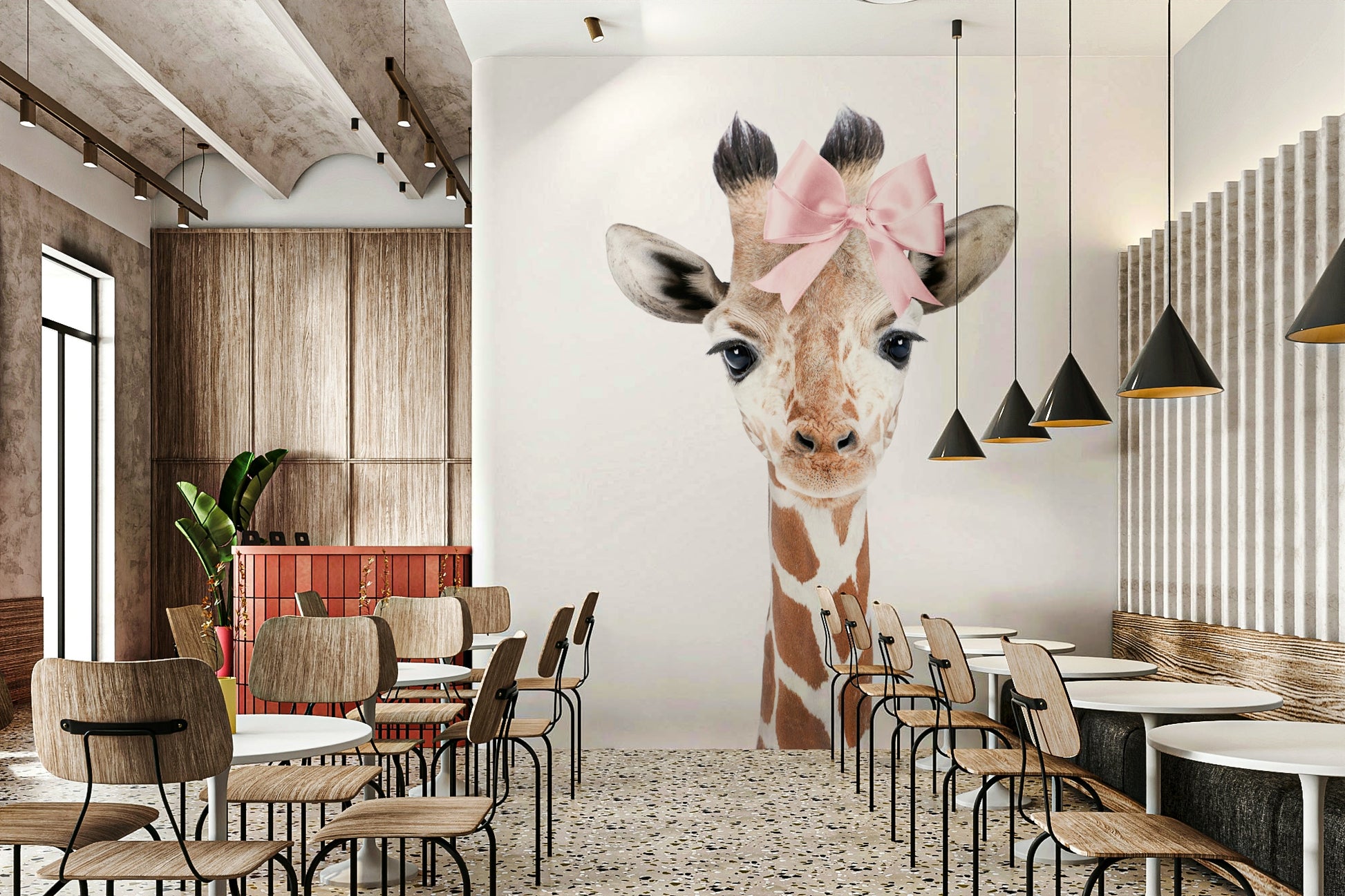 Playful baby giraffe mural with bow in watercolor style