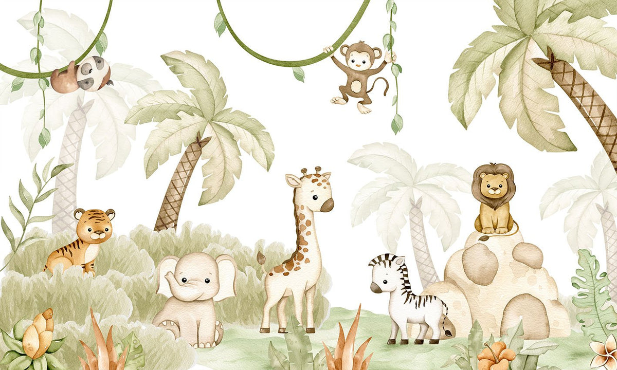 Baby Safari Animals Watercolor Wallpaper in your room — zoomed