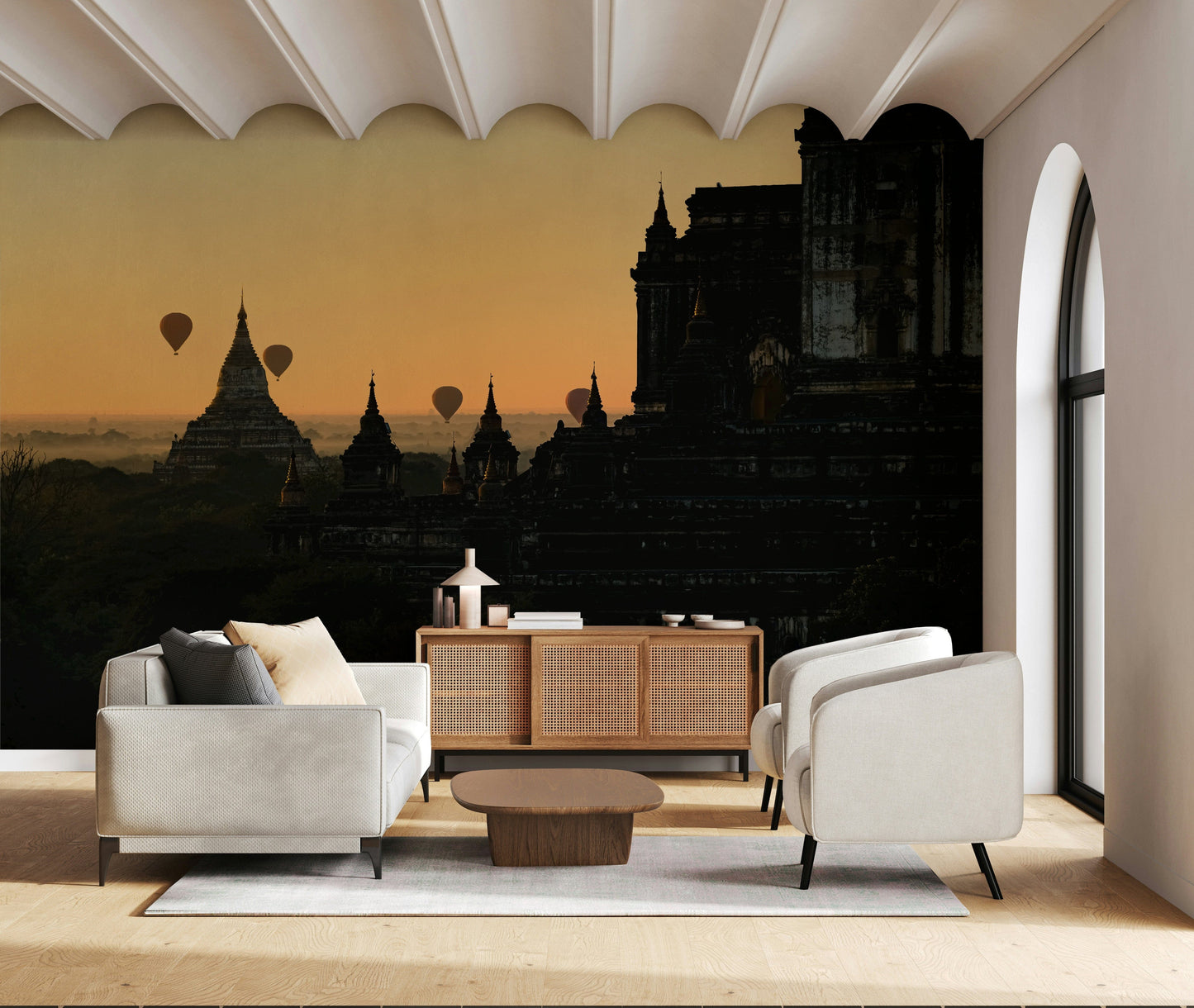 Hot Air Balloon Sky Mural – Peaceful sunrise scene with colorful balloons drifting above Bagan’s temples and misty horizon.