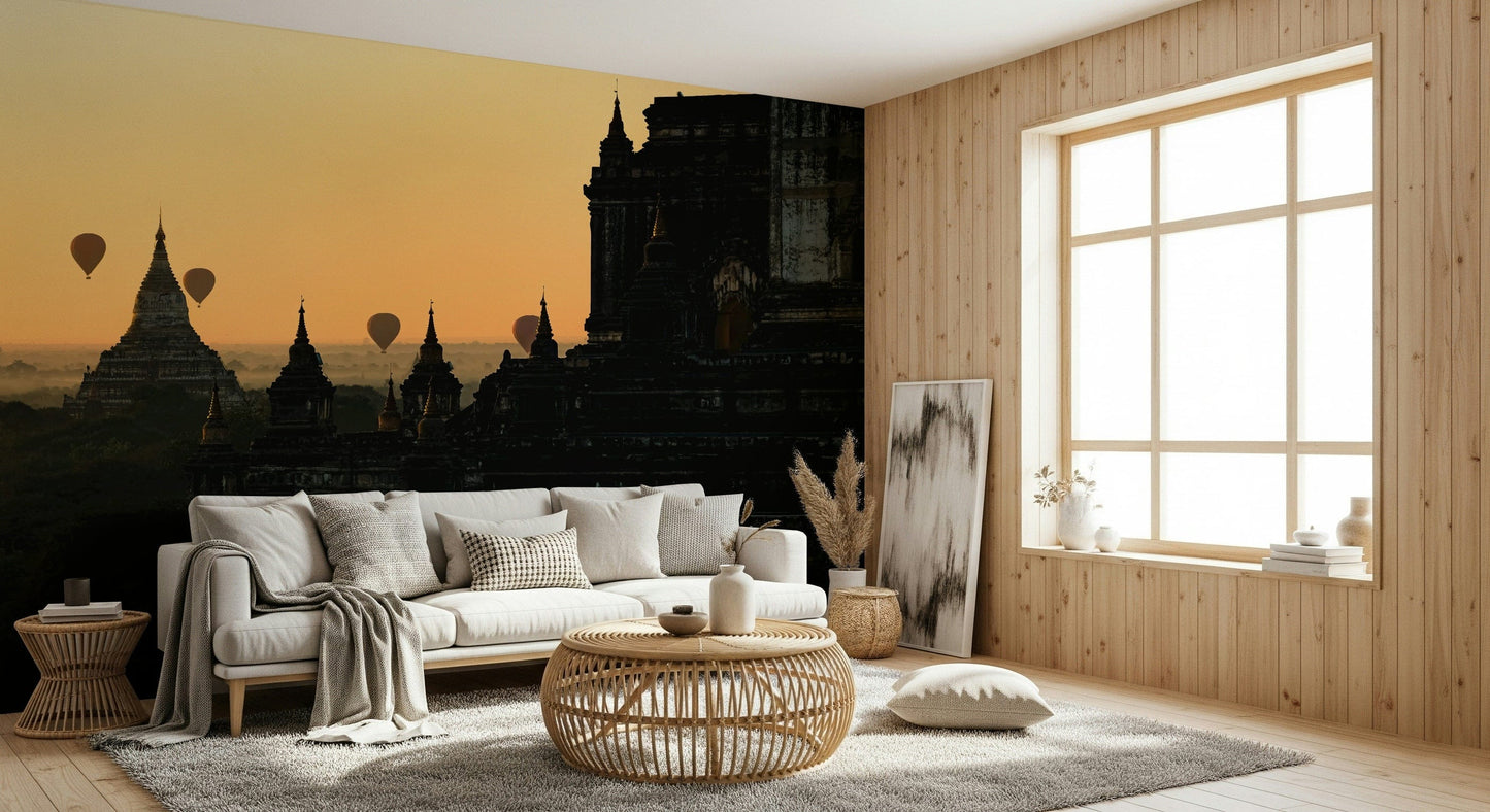 Hot Air Balloons Over Bagan Wall Mural – Scenic mural capturing a serene morning sky and historic temple landscape in Myanmar.