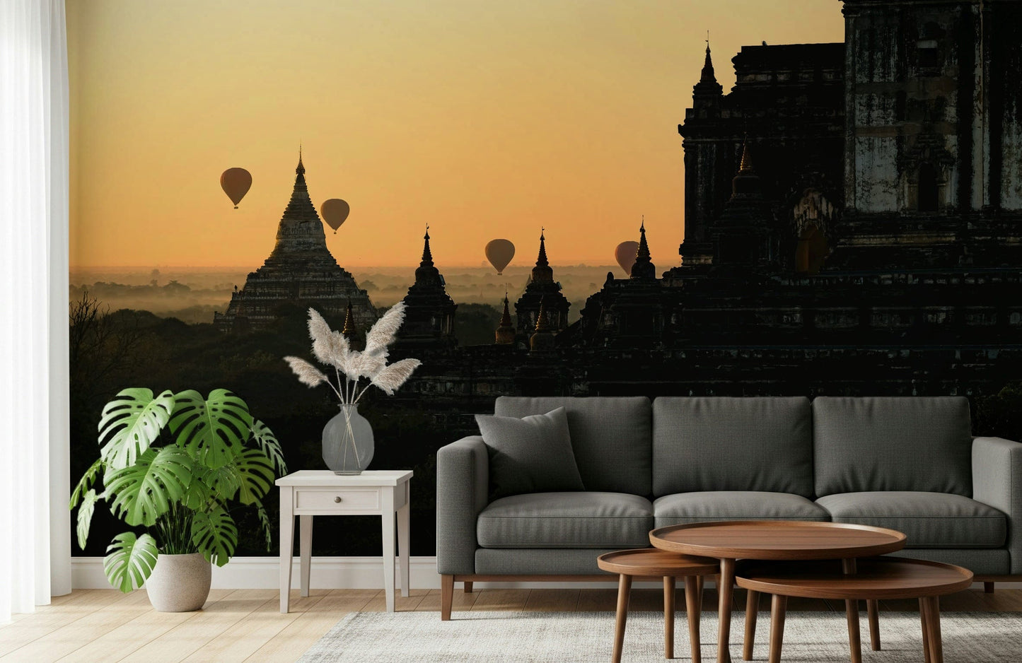 Bagan Sunrise Balloons Wall Mural – Stunning sunrise over Bagan with dozens of colorful hot air balloons floating above ancient temples.
