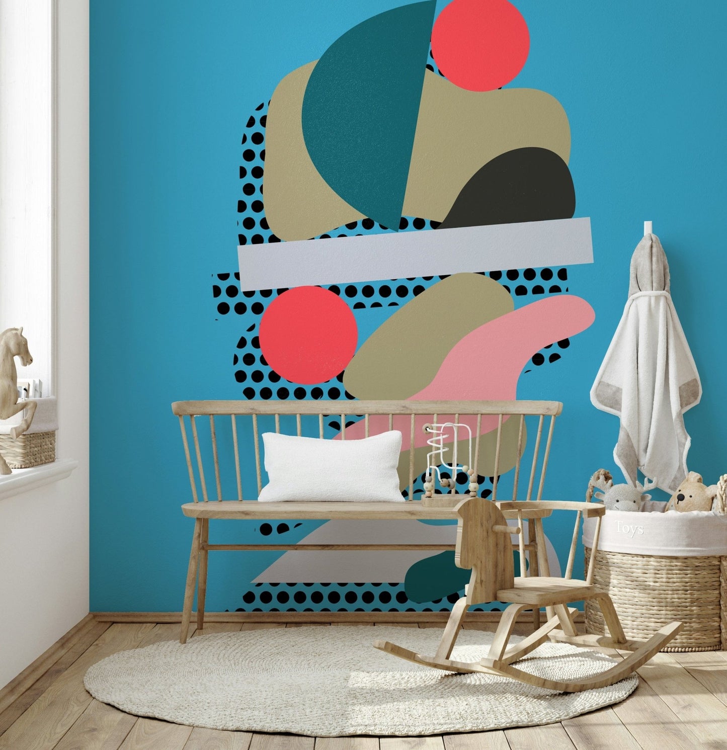 An abstract wallpaper featuring stacked geometric shapes in teal, coral, beige, and black dotted patterns on a blue background.