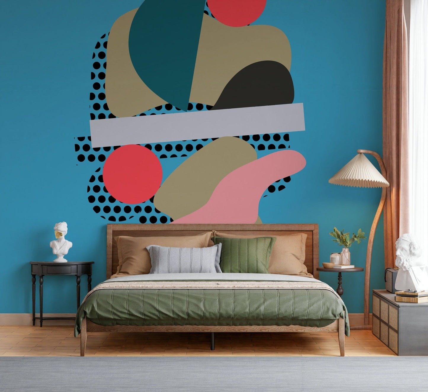 A modern wallpaper with balanced organic forms and bold circles layered over a bright blue backdrop.