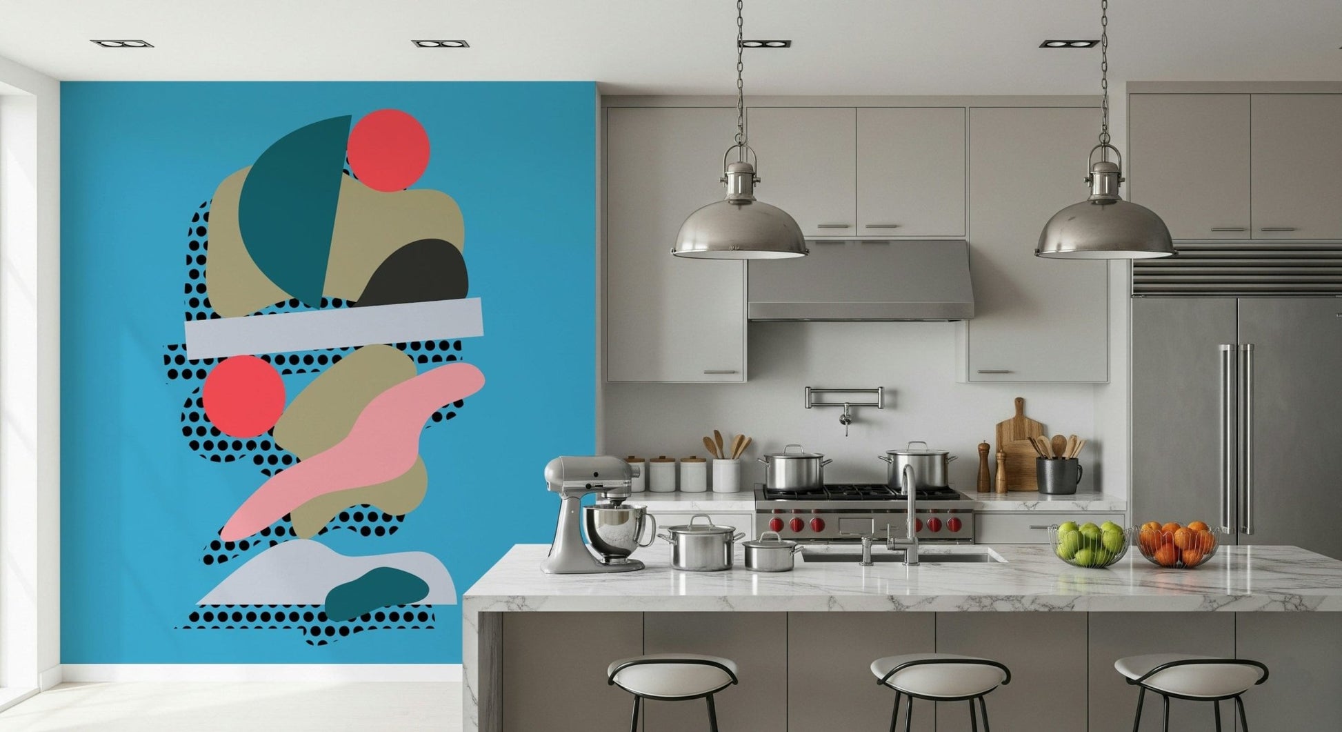 An abstract stacked-shape wallpaper featuring coral circles, teal curves, and dotted black patterns.