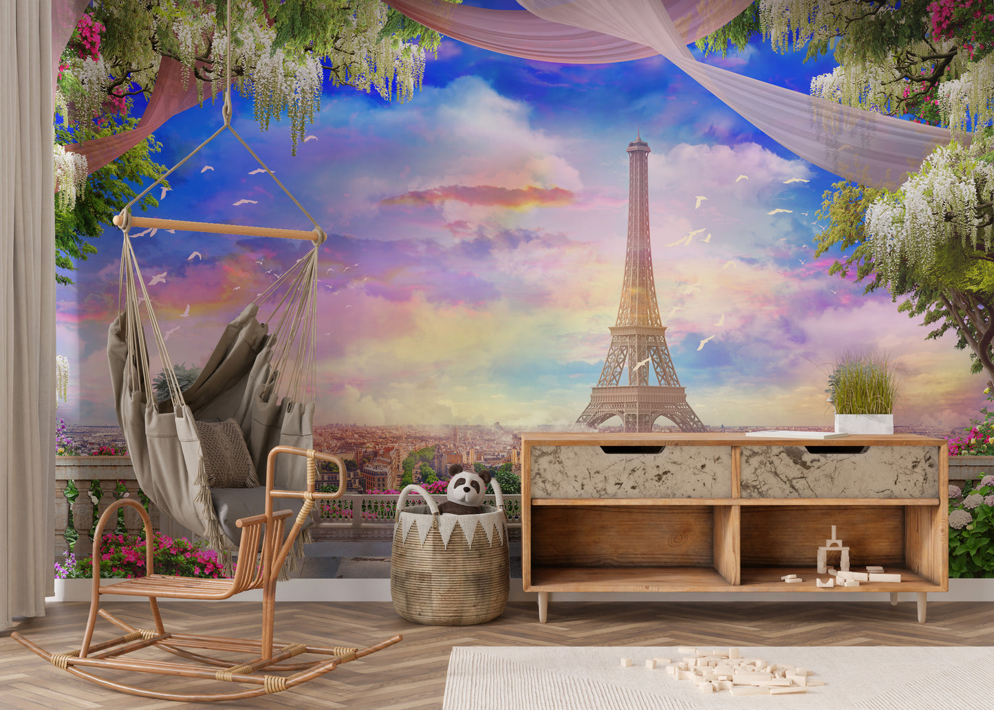Balcony Eiffel Tower Pink Sunset Wallpaper Mural - Giffywalls