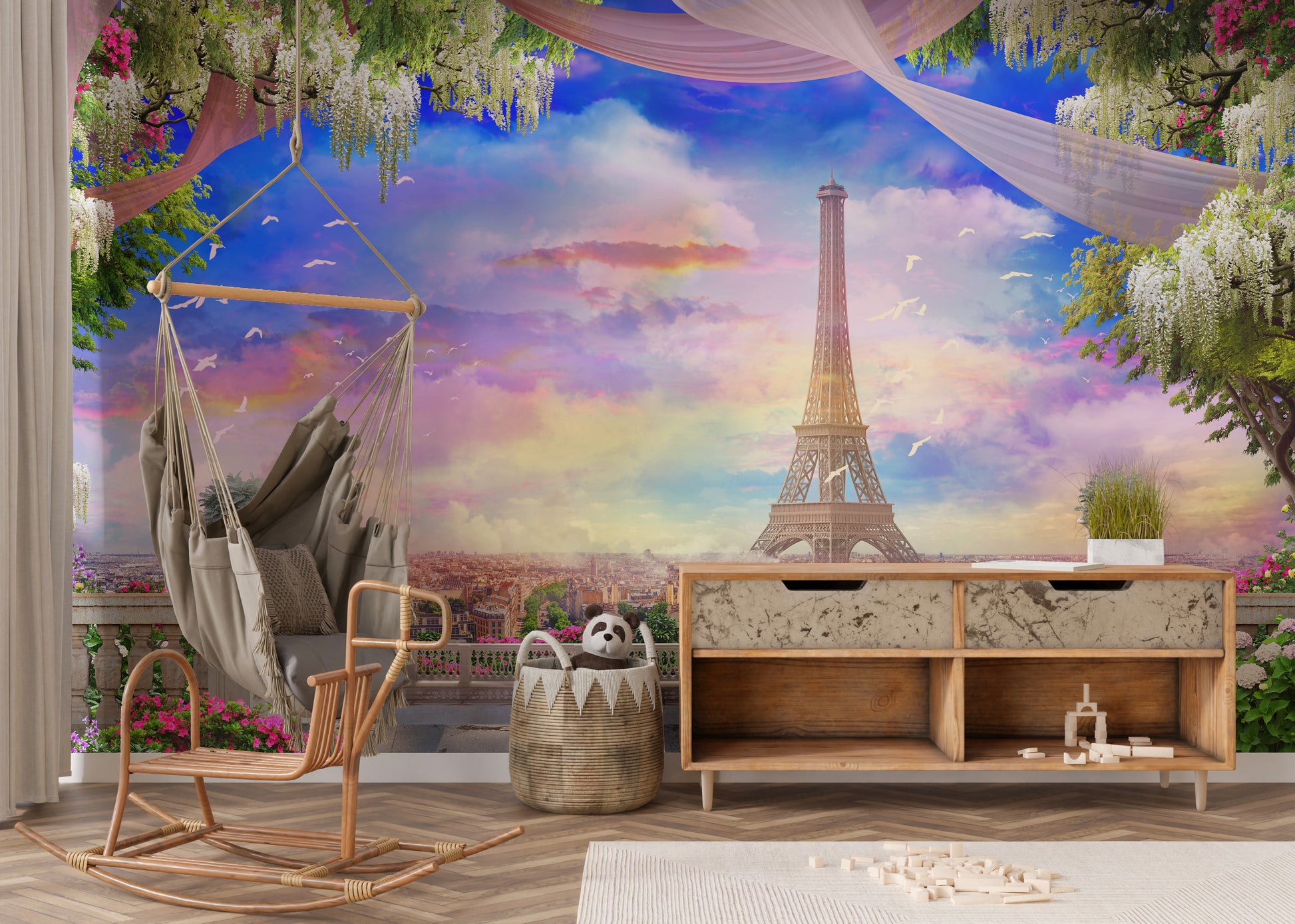 Balcony Eiffel Tower Pink Sunset Wallpaper Mural - Giffywalls