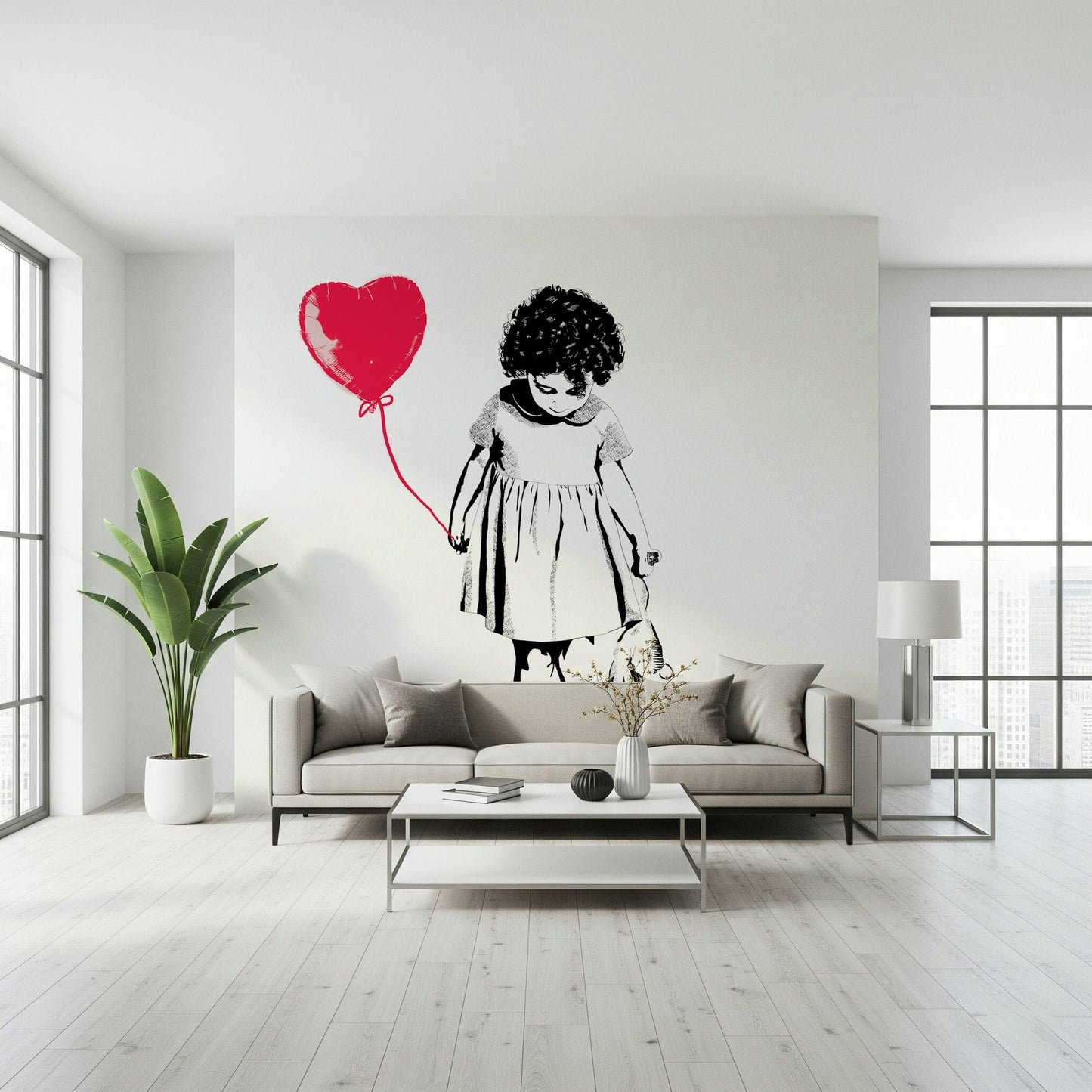 Balloon Girl Art wallpaper mural of a girl reaching for a red heart balloon behind a beige sofa by city windows