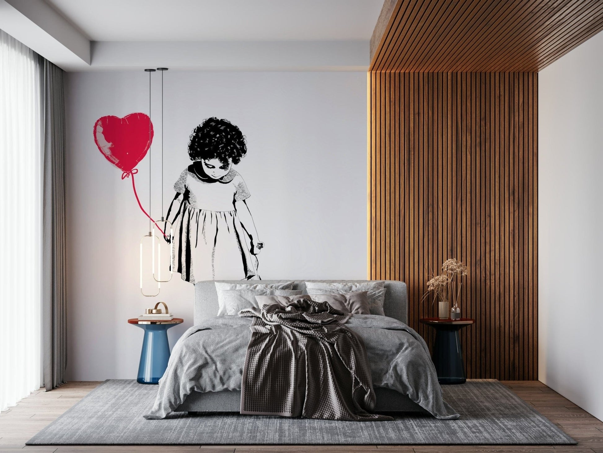 Balloon Girl Art wallpaper mural of a girl with a red heart balloon behind a grey bed and wood-slatted wall