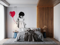 Balloon Girl Art wallpaper mural of a girl with a red heart balloon behind a grey bed and wood-slatted wall