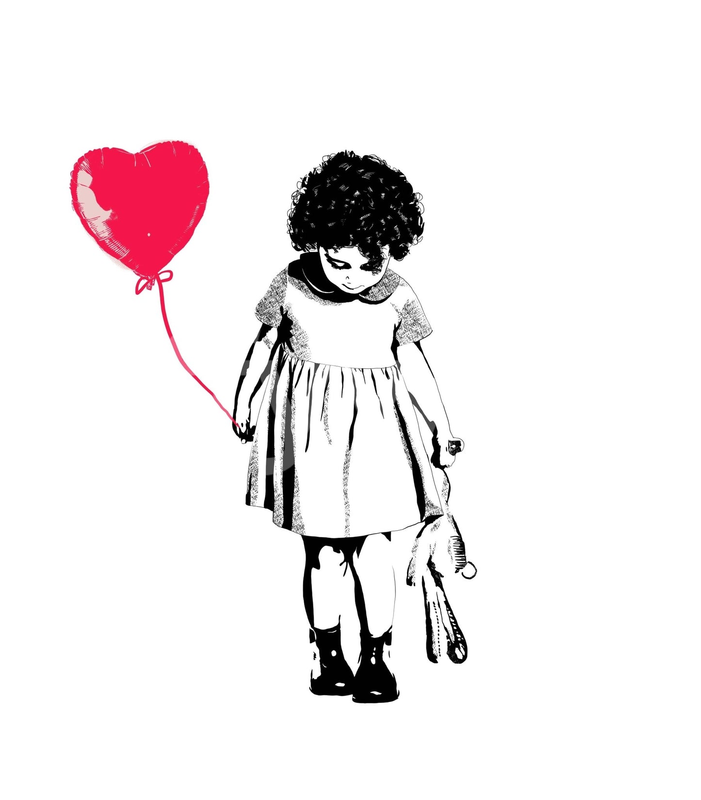 Balloon Girl Art wallpaper mural showing the full artwork of a girl reaching for a red heart balloon in black and white