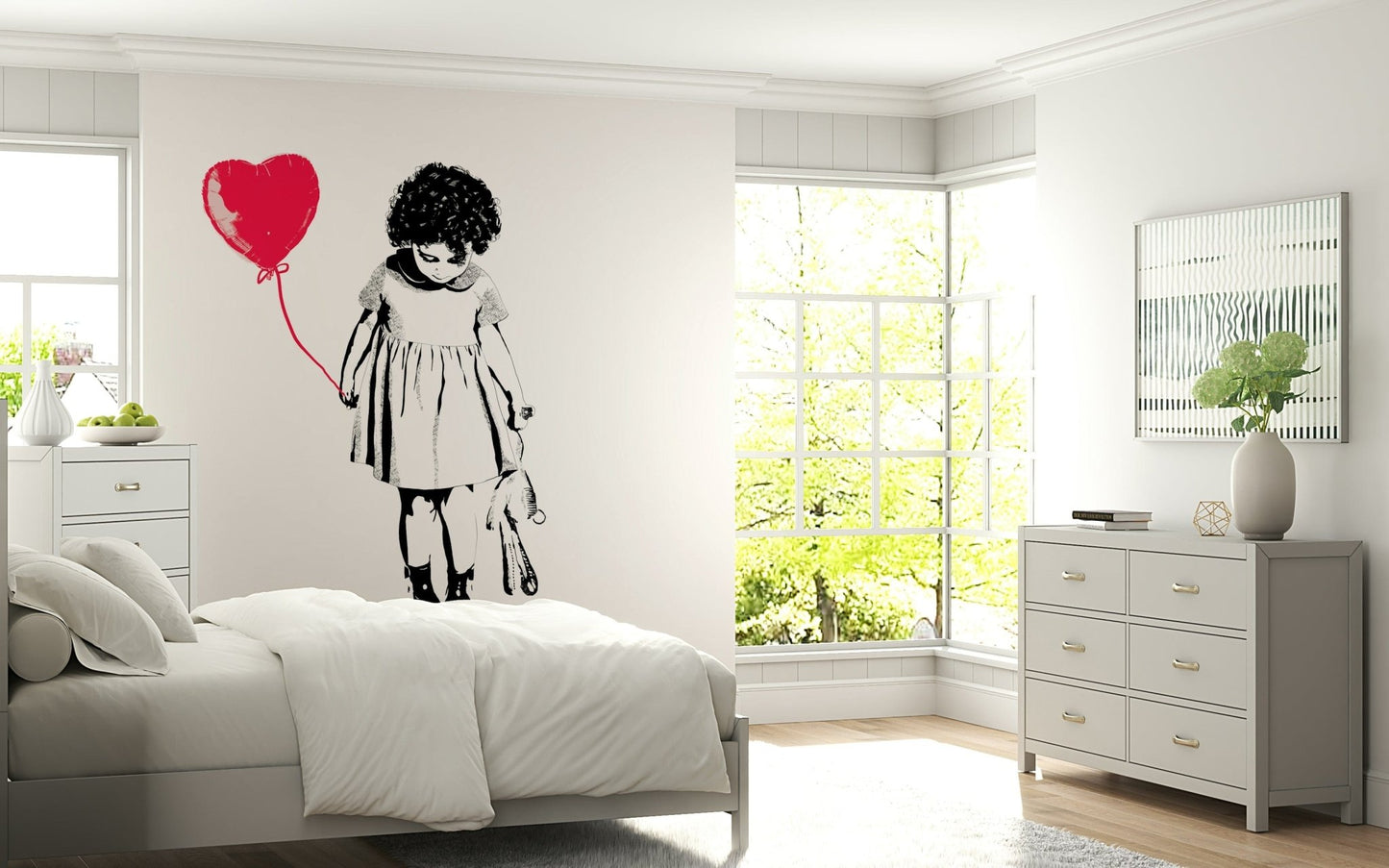 Balloon Girl Art wallpaper mural of a girl and red heart balloon behind a white bed near bright bay windows
