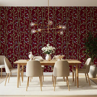 Bamboo pattern wallpaper with crimson base and green leaves