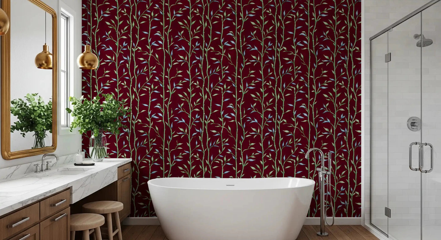 Bathroom bamboo pattern wallpaper with green stems and leaves