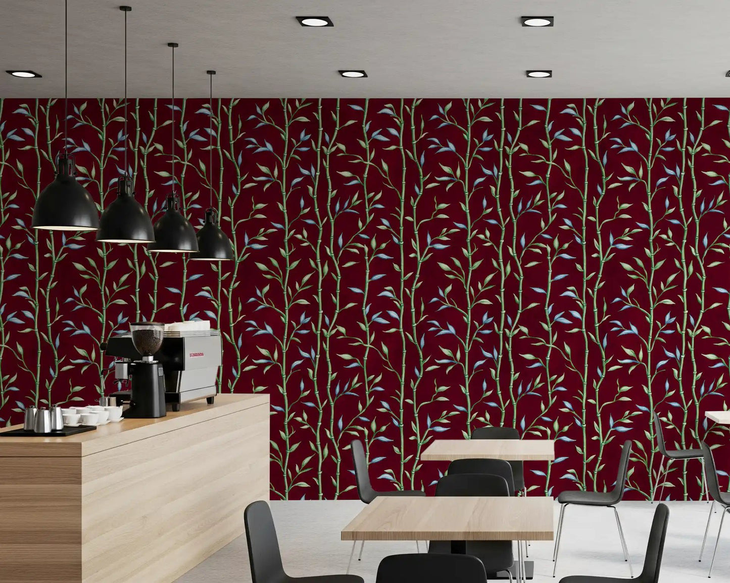 Bamboo Breeze Crimson wallpaper with green bamboo pattern