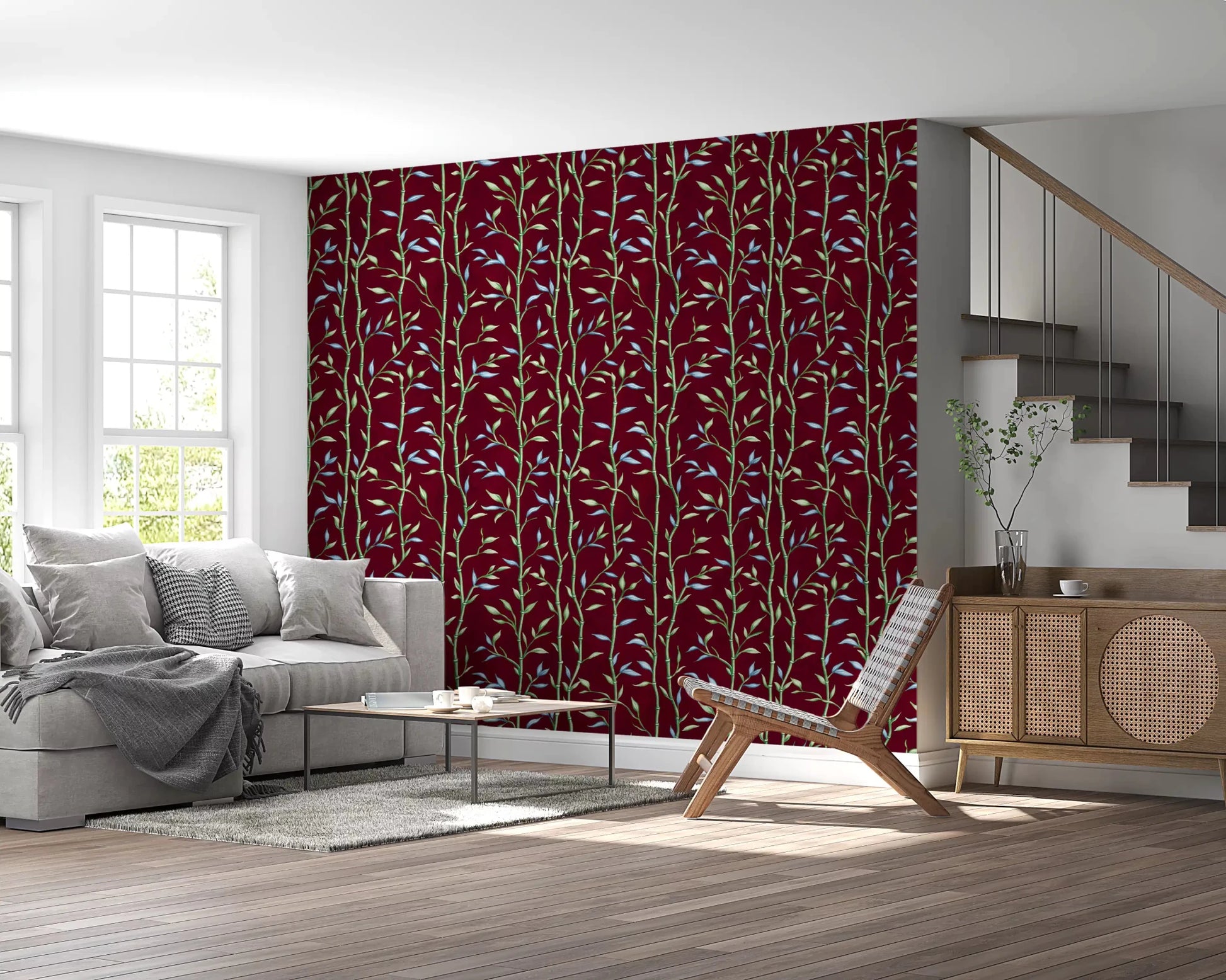 Living room bamboo wallpaper with crimson background design