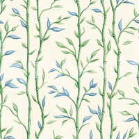 Ivory bamboo wallpaper with soft green stems and blue leaves
