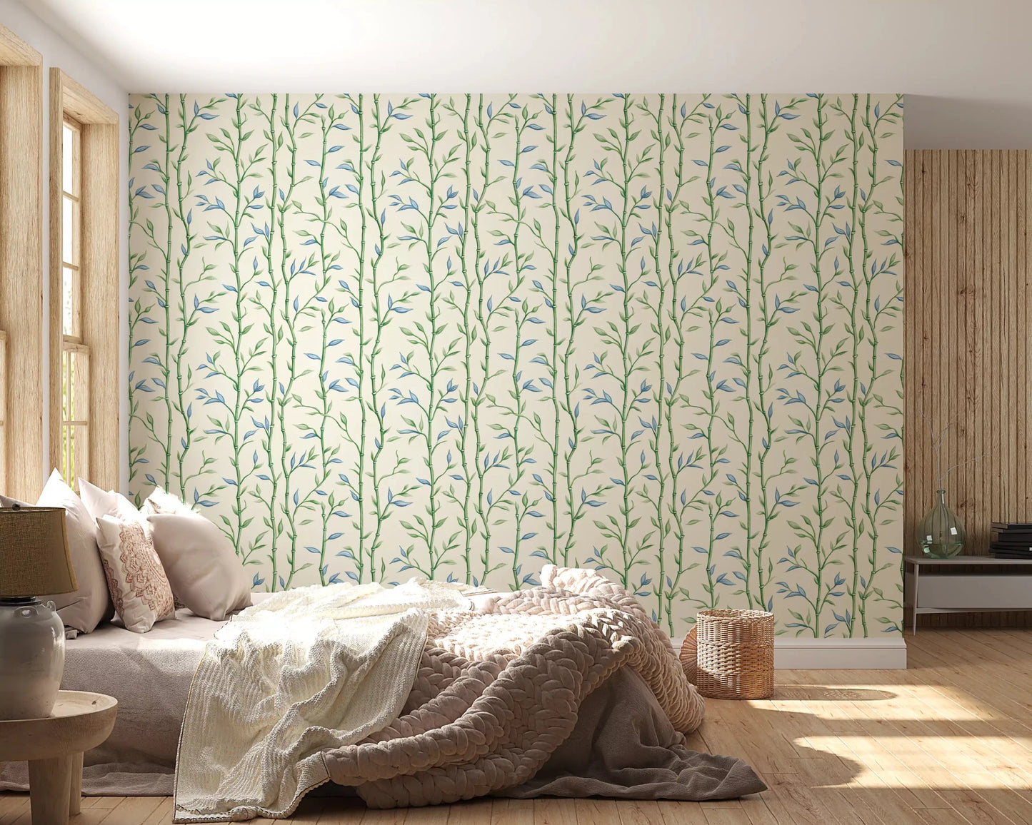 Bamboo wallpaper creates a fresh backdrop in a bedroom 