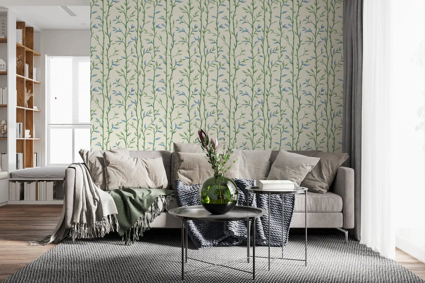 Soft ivory wallpaper with bamboo stems and watercolor leaves