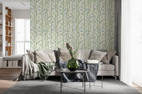 Soft ivory wallpaper with bamboo stems and watercolor leaves