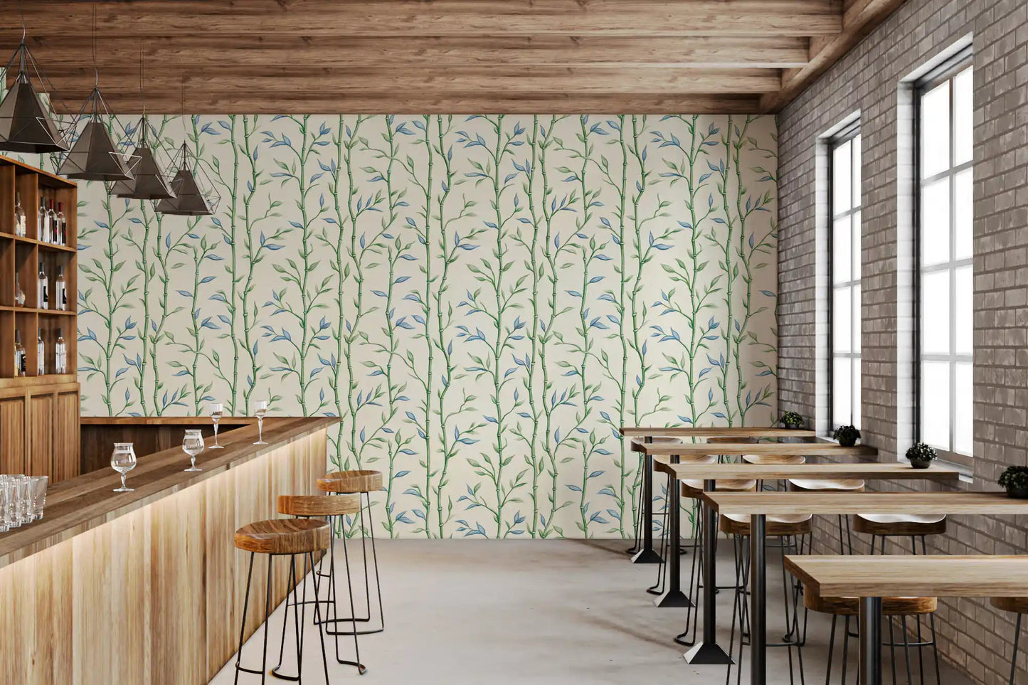 Ivory bamboo wallpaper pairs with a calm guest restaurant 