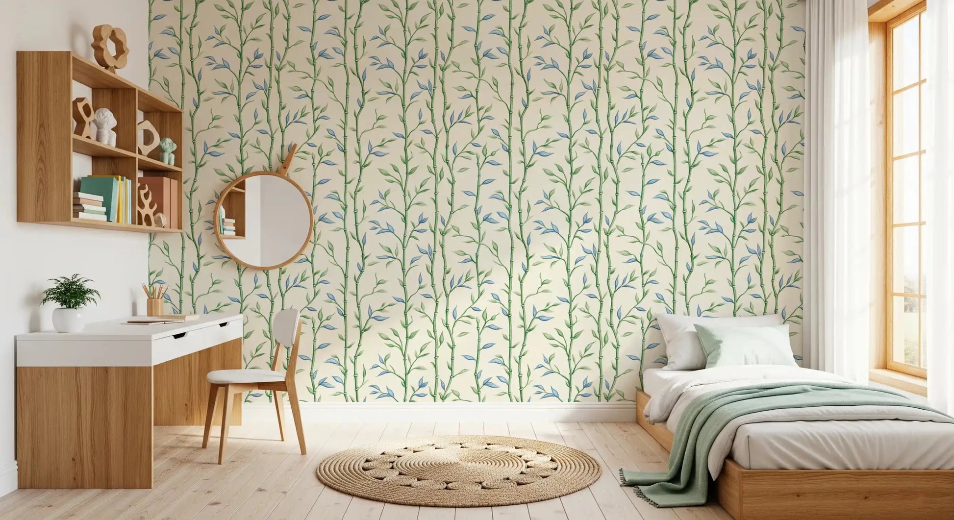 Bamboo leaf wallpaper gives an bedroom a light and airy feel
