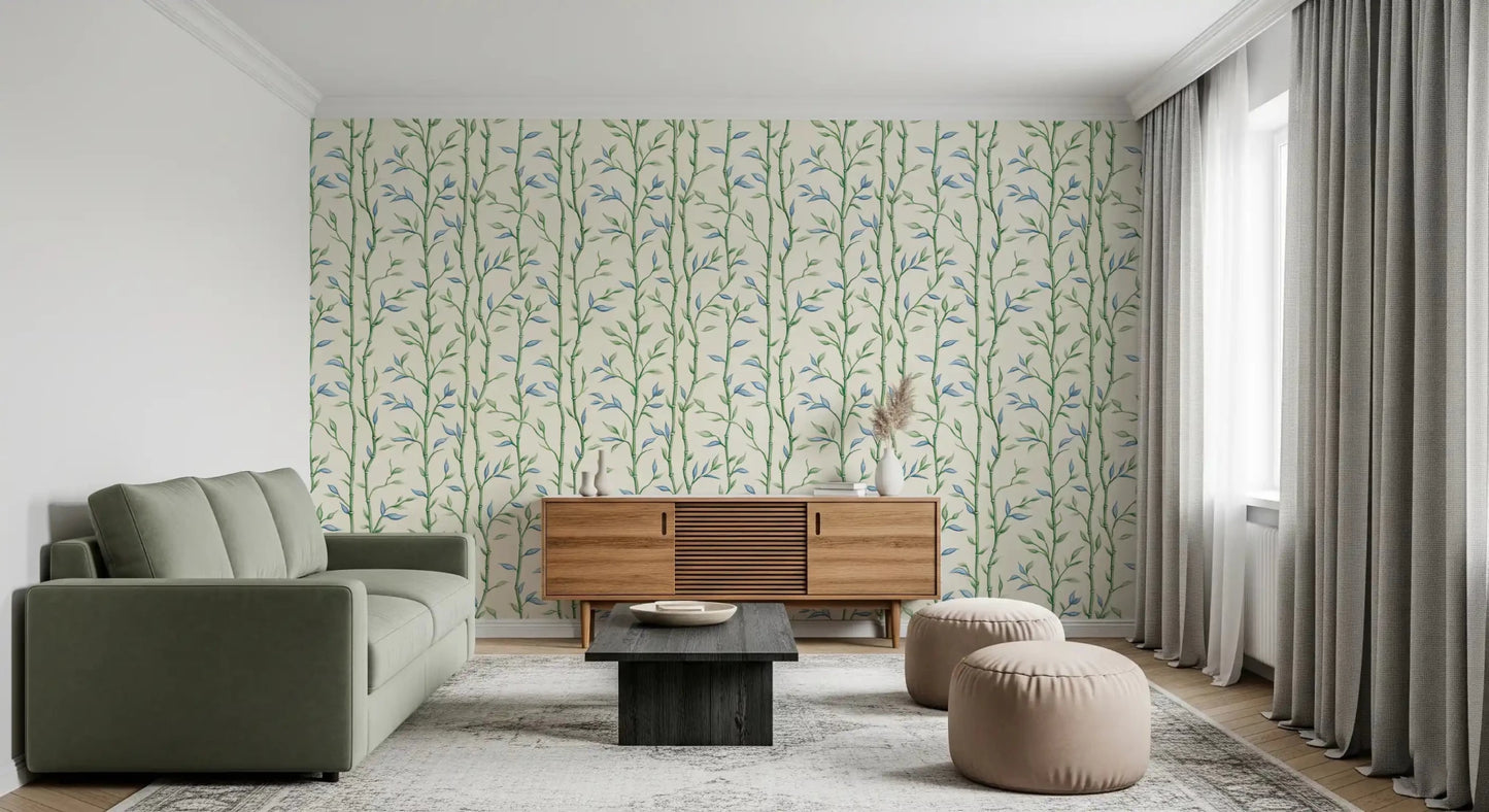 Ivory wallpaper works well behind a bed with soft layered styling