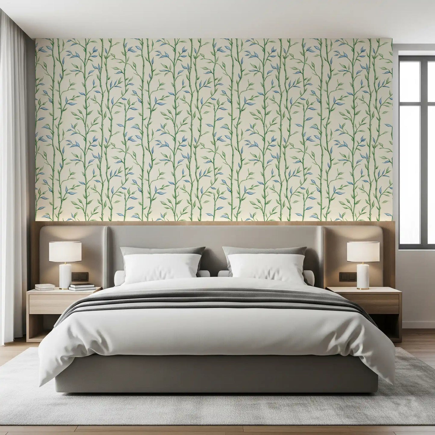 Botanical wallpaper suits a Bedroom area with clean natural lines