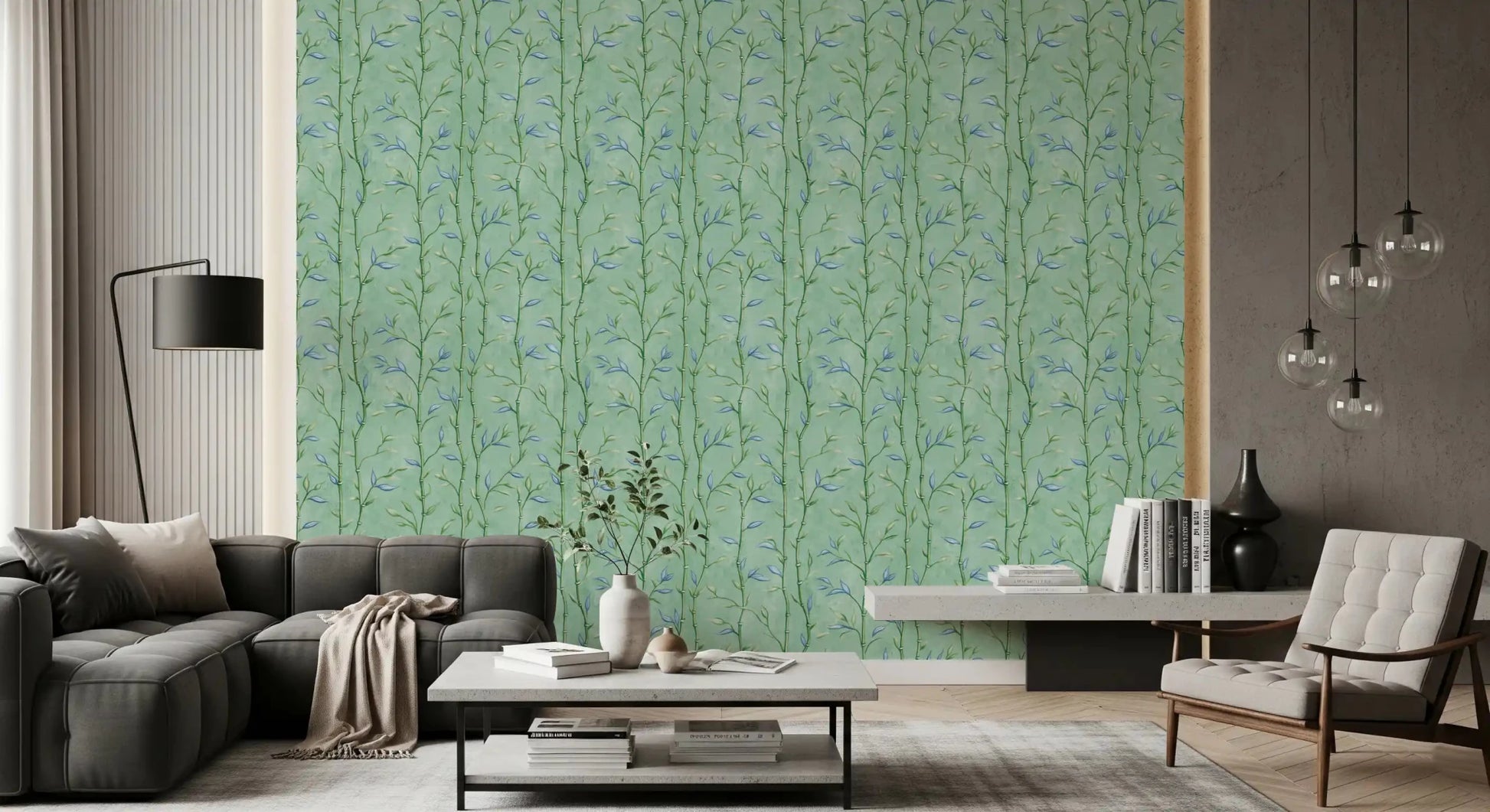 Teal botanical wallpaper with vertical bamboo stems and fine leaves