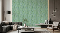 Teal botanical wallpaper with vertical bamboo stems and fine leaves