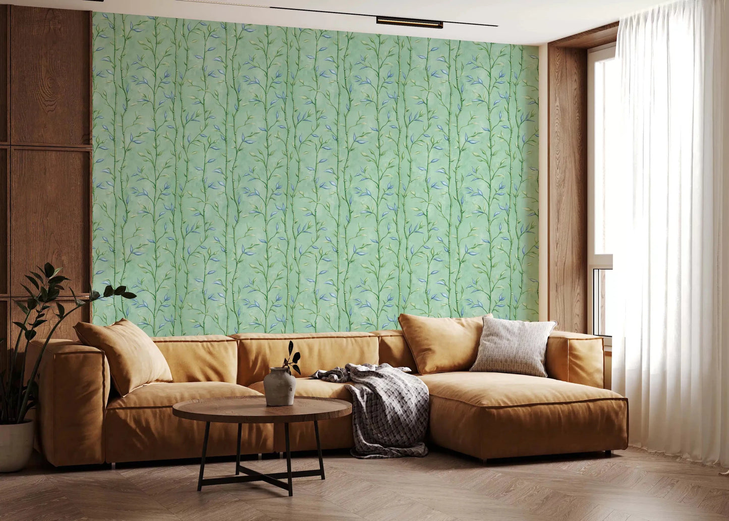 Minty teal wallpaper with slender bamboo stems and soft blue leaves