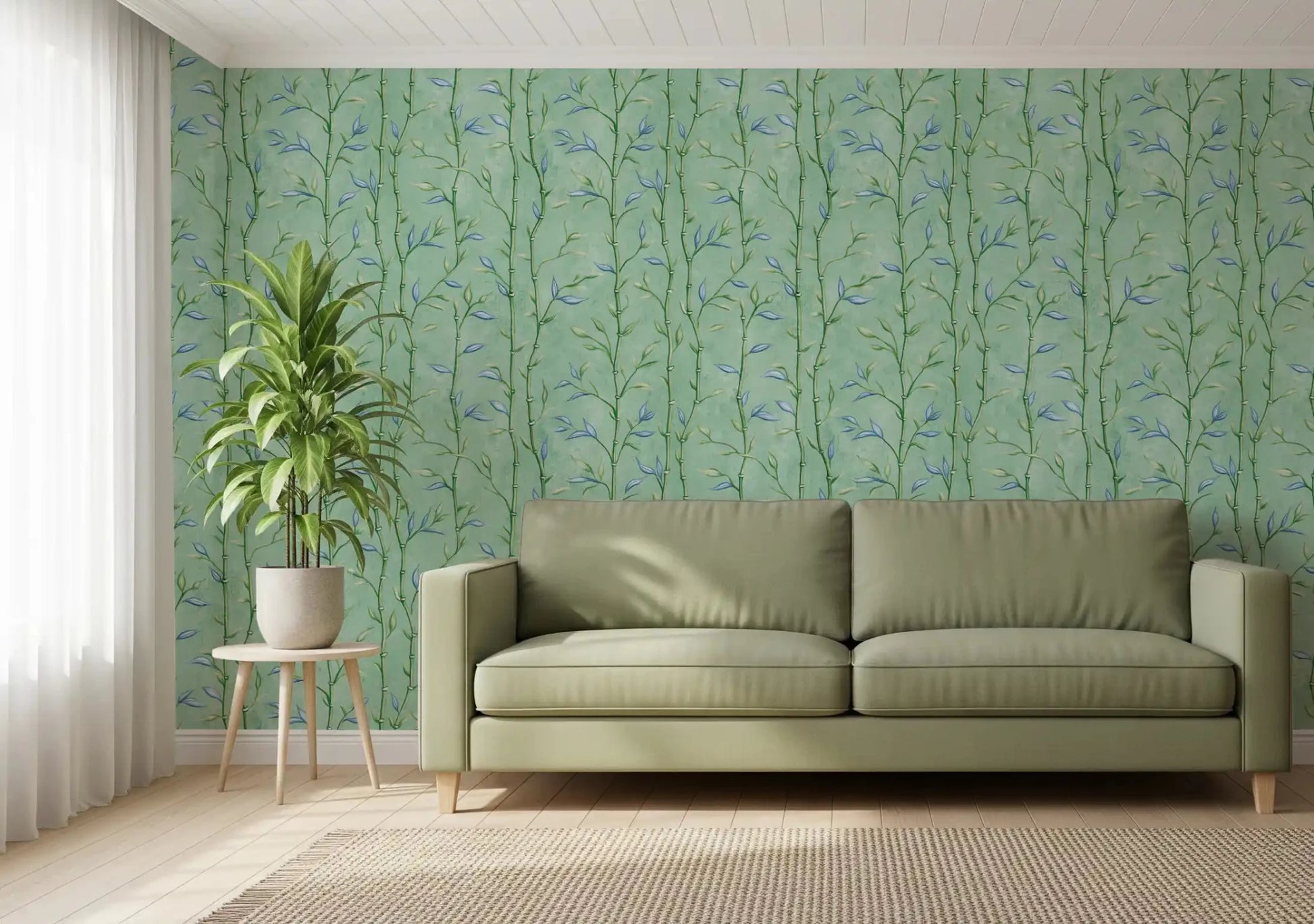 Botanical wallpaper with bamboo pattern in mint teal and pale blue