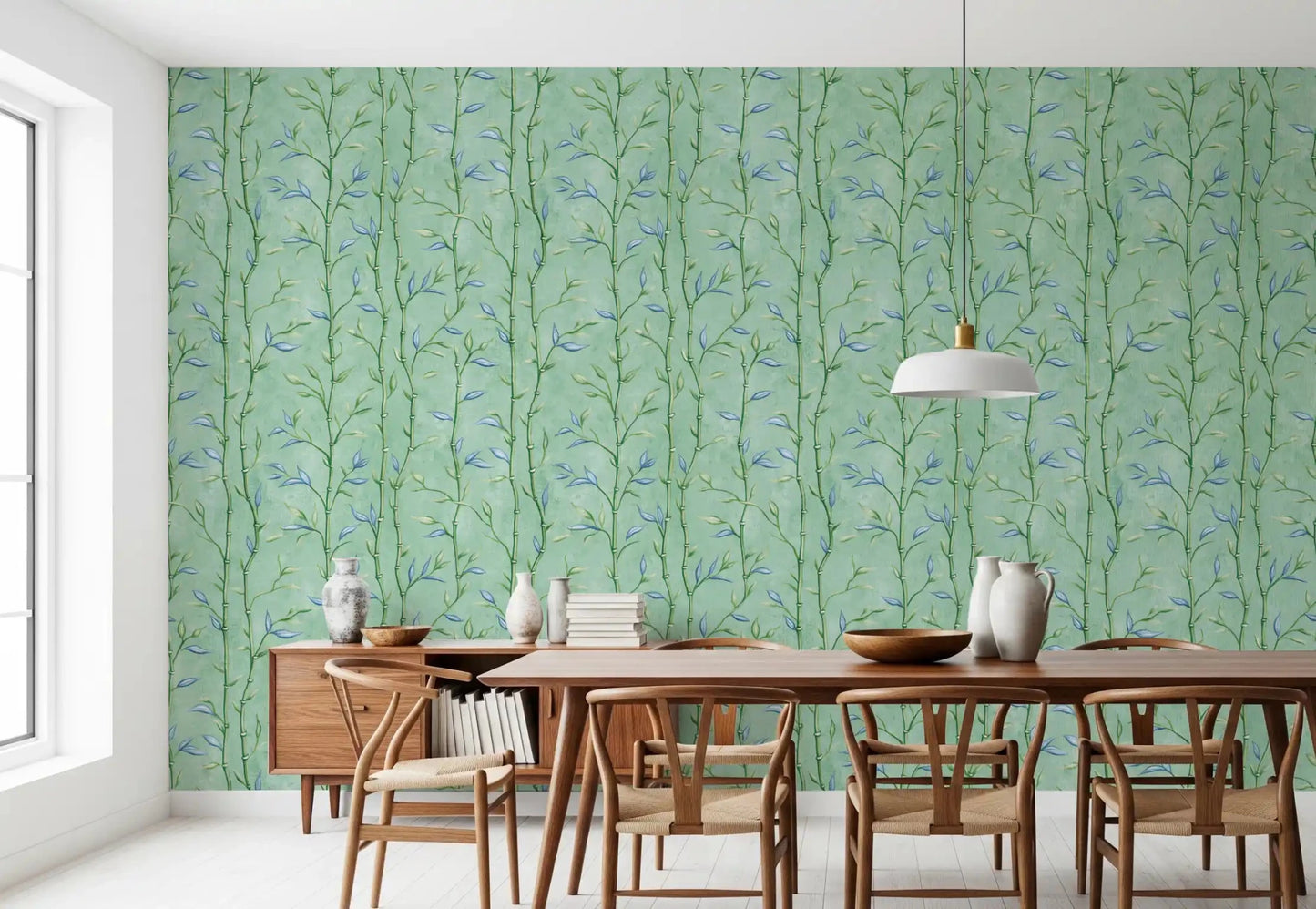 Delicate bamboo wallpaper with light green stems and leafy branches