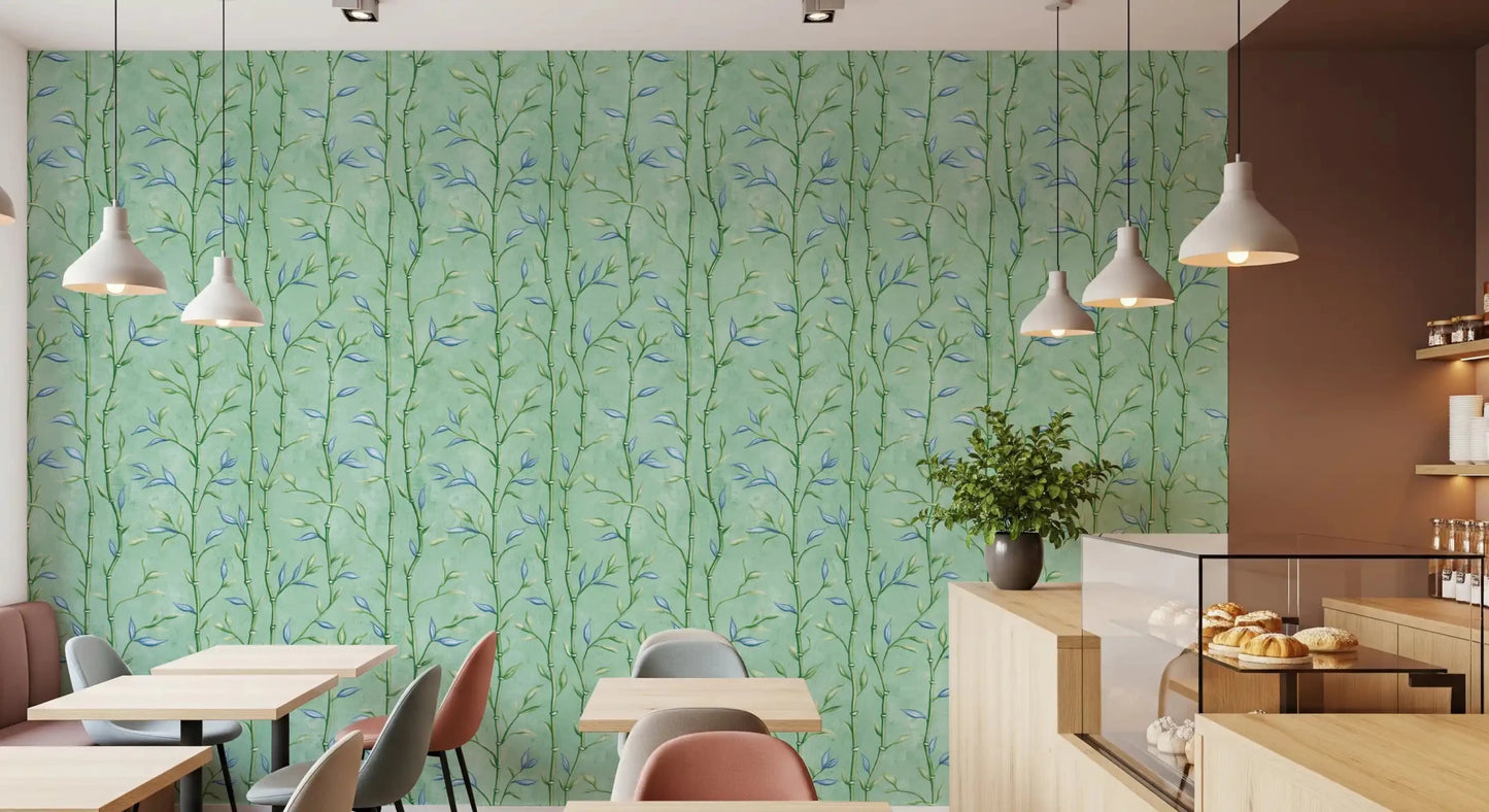 Bamboo pattern wallpaper with subtle blue leaves on a mint base
