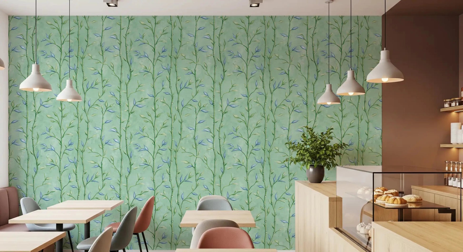 Bamboo pattern wallpaper with subtle blue leaves on a mint base