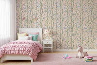 Bamboo design Wallpaper  with soft green stalks and a light rose tone, ideal for Kids room