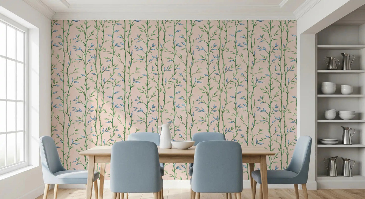 Bamboo Breeze Rose features hand-drawn bamboo motif with earthy tones, great for Dining room