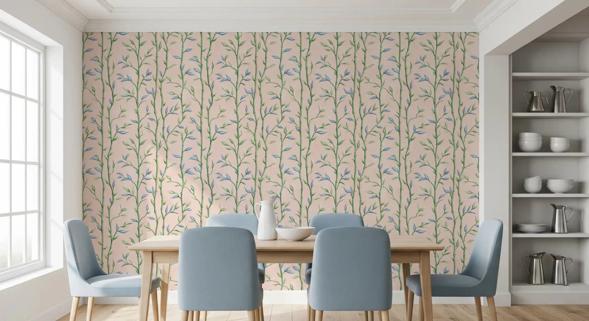 Bamboo Breeze Rose features hand-drawn bamboo motif with earthy tones, great for Dining room