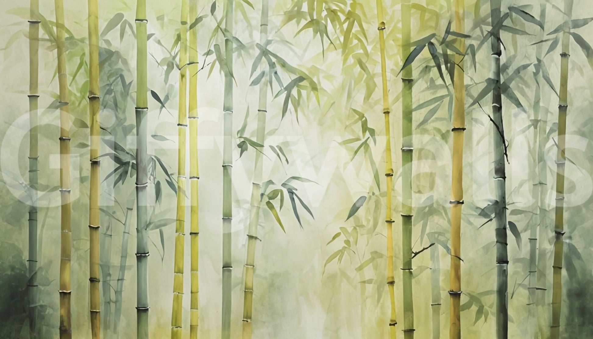 Bamboo Forest Serenity wallpaper mural shown as a full-wall mural of green and yellow bamboo stalks in mist