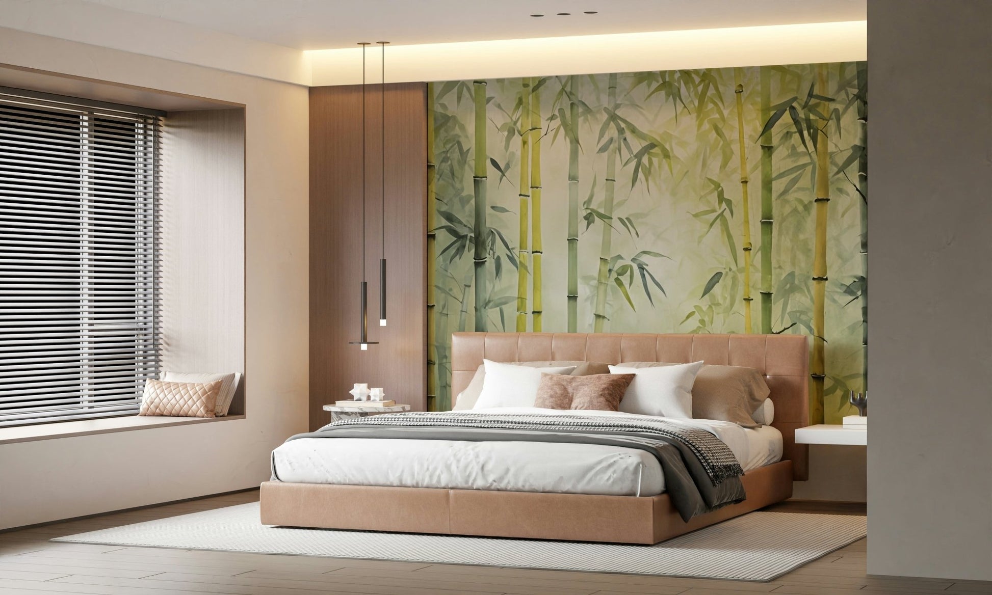 Bamboo Forest Serenity wallpaper mural in green above a tan upholstered bed in a calm bedroom