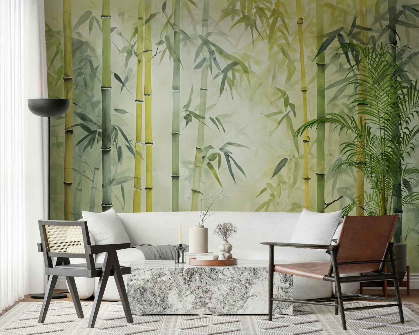 Bamboo Forest Serenity wallpaper mural in green behind a white sofa and marble coffee table with cane chairs