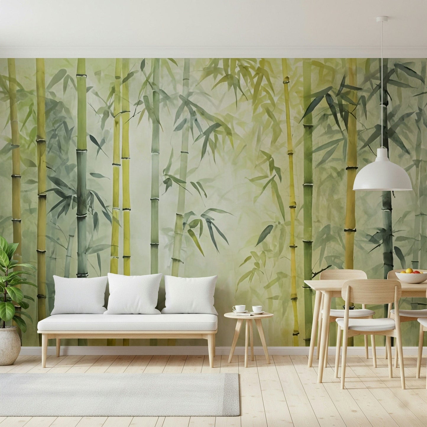 Bamboo Forest Serenity wallpaper mural in soft green behind a white bench and light wood dining table