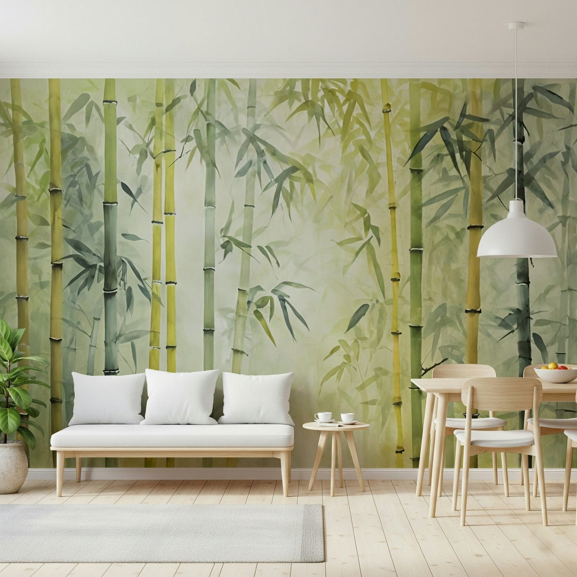 Bamboo Forest Serenity wallpaper mural in soft green behind a white bench and light wood dining table