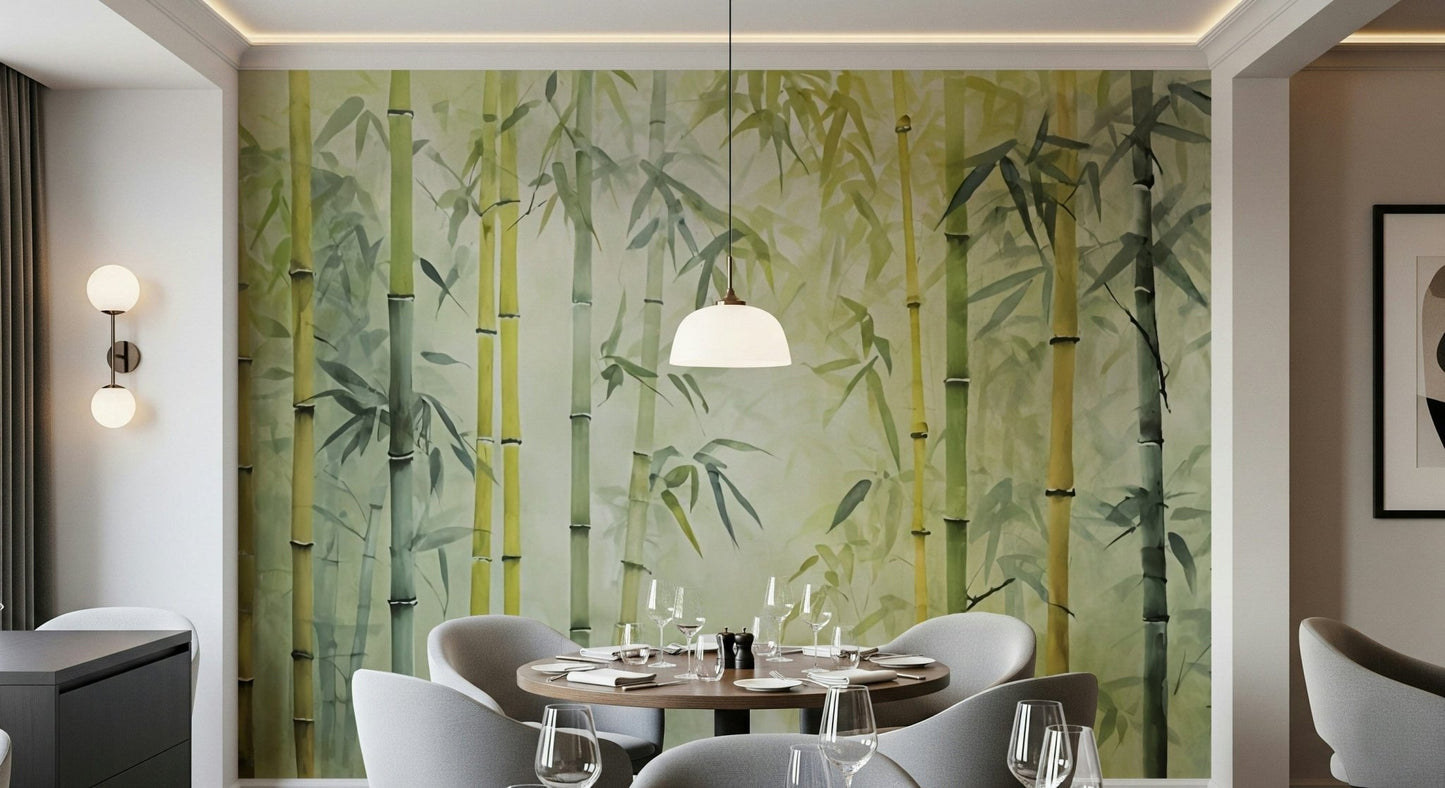 Bamboo Forest Serenity wallpaper mural in green behind a round table and grey chairs in a dining room